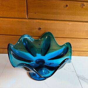Blue Art Glass Bowl - Handblown Decorative Centerpiece